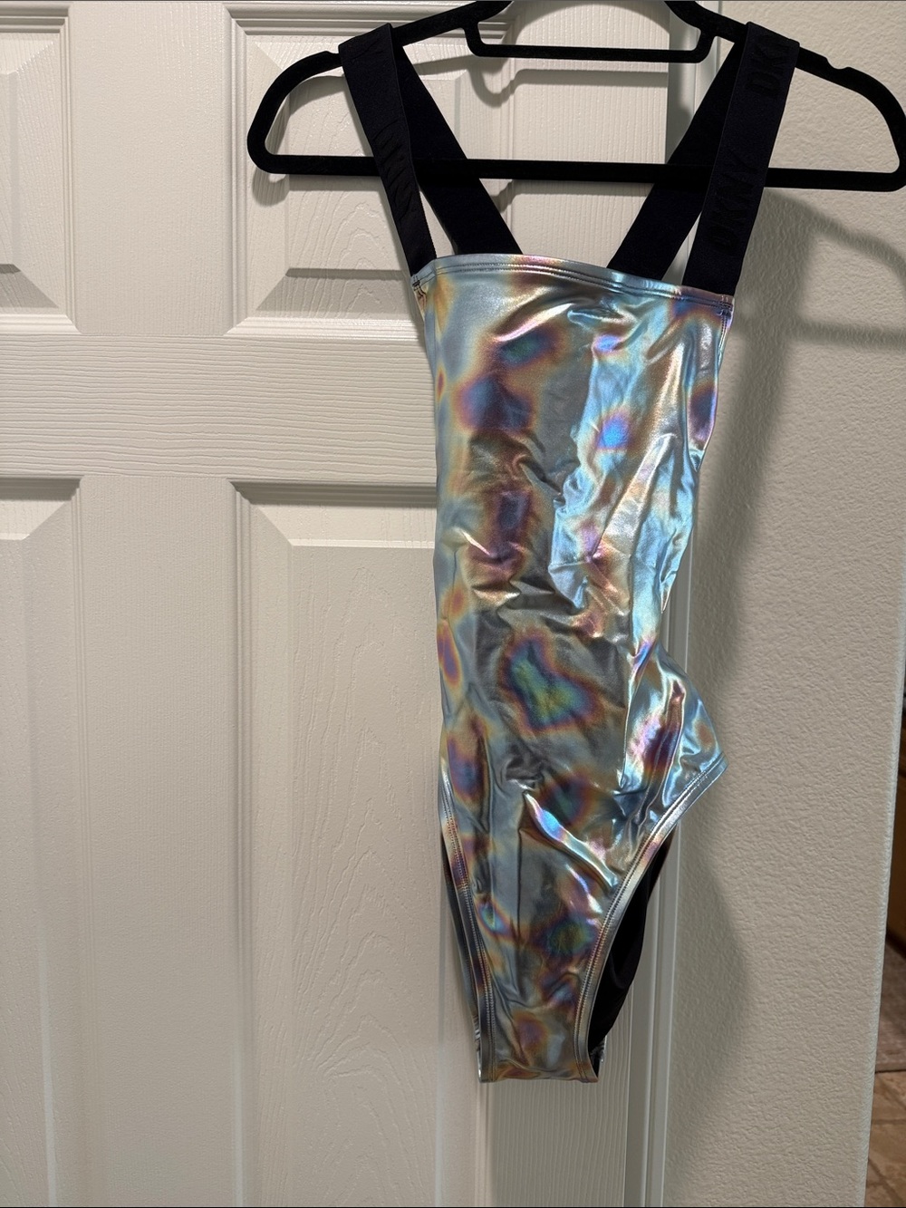 DKNY Holographic Silver One-Piece Swimsuit with Black Straps